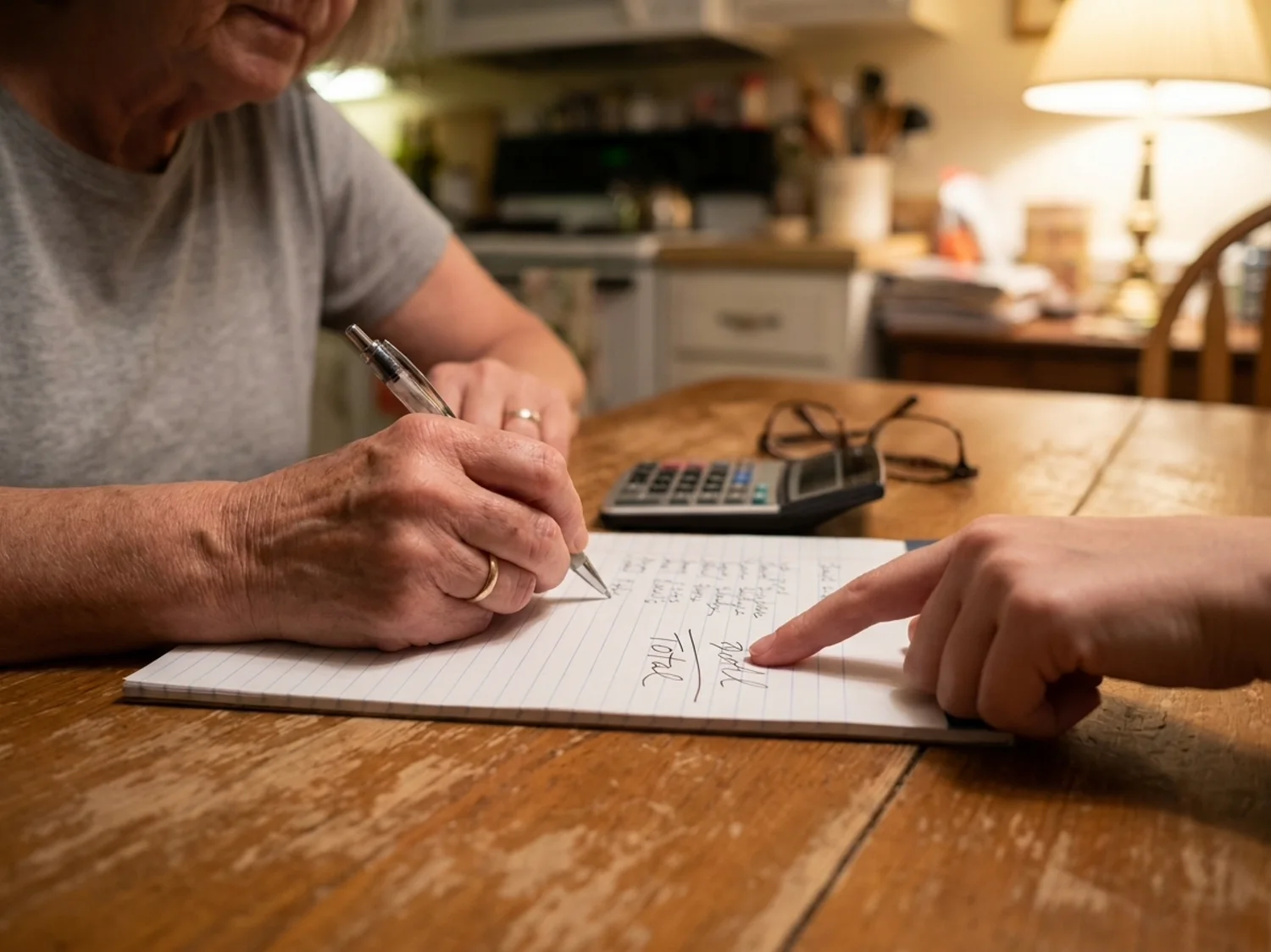 A handwritten list of purchases and prices on a notepad beside a calculator and a pair of reading glasses