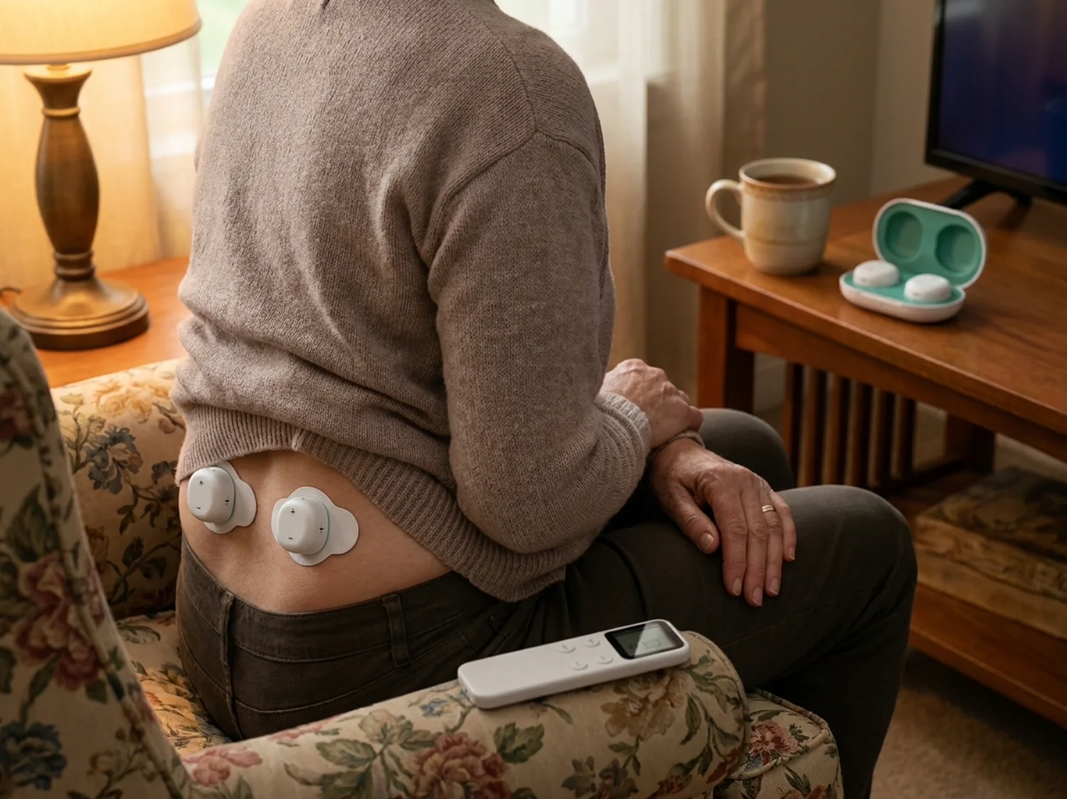 A woman in her sixties in an armchair in the evening with two white pods on her lower back and the remote in her hand