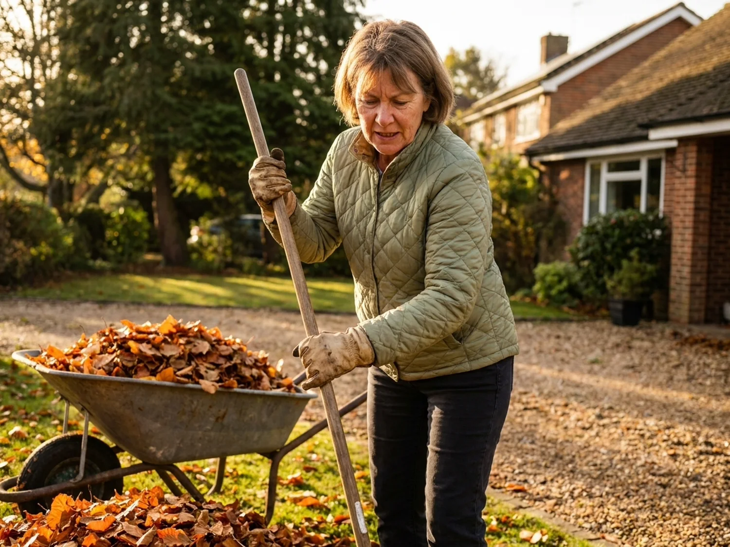 A woman in her sixties raking autumn leaves in her garden, standing upright, a light jacket on