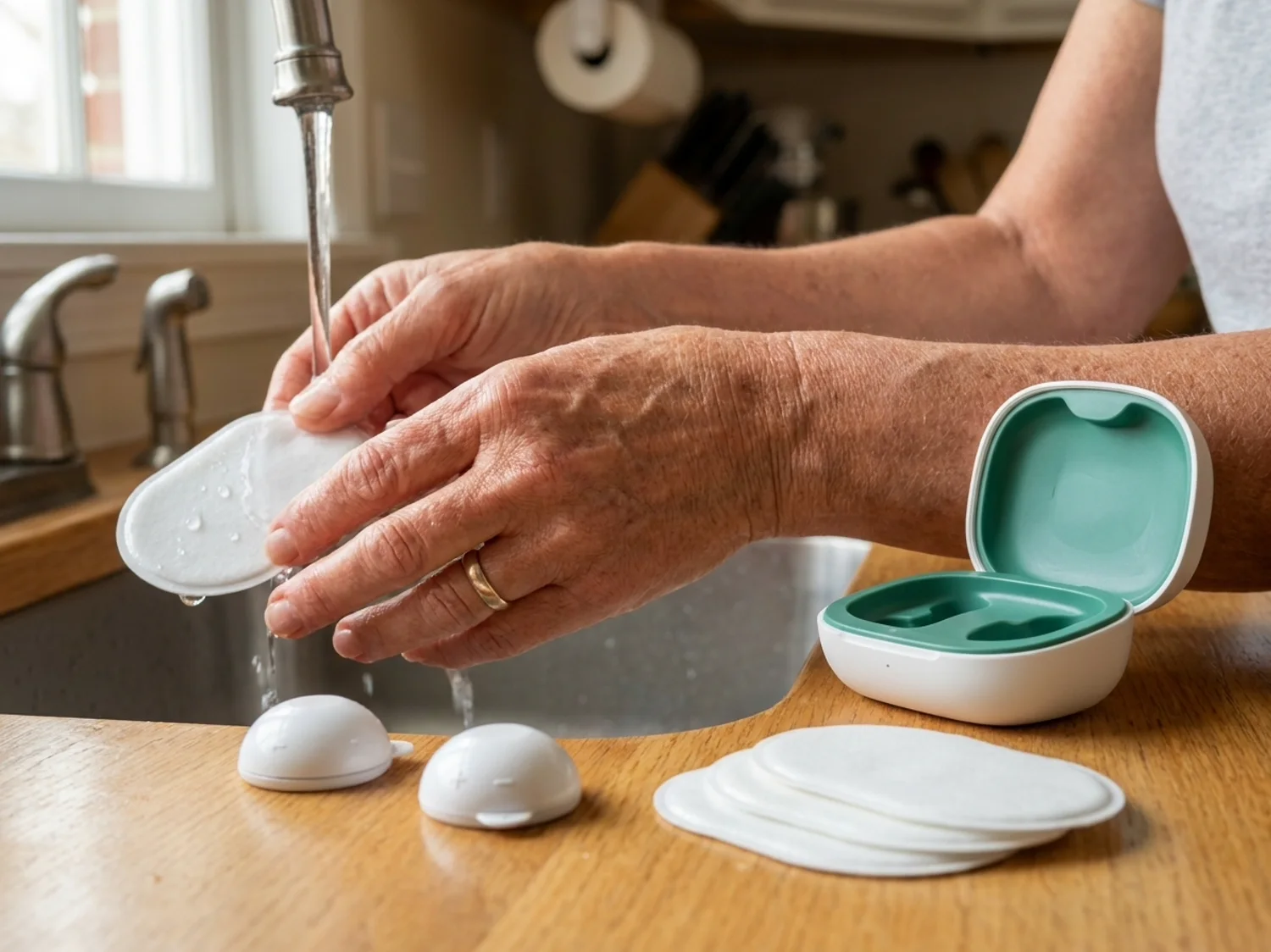 Hands rinsing an oval gel pad under a kitchen tap, the two white pods and a stack of spare pads on the counter