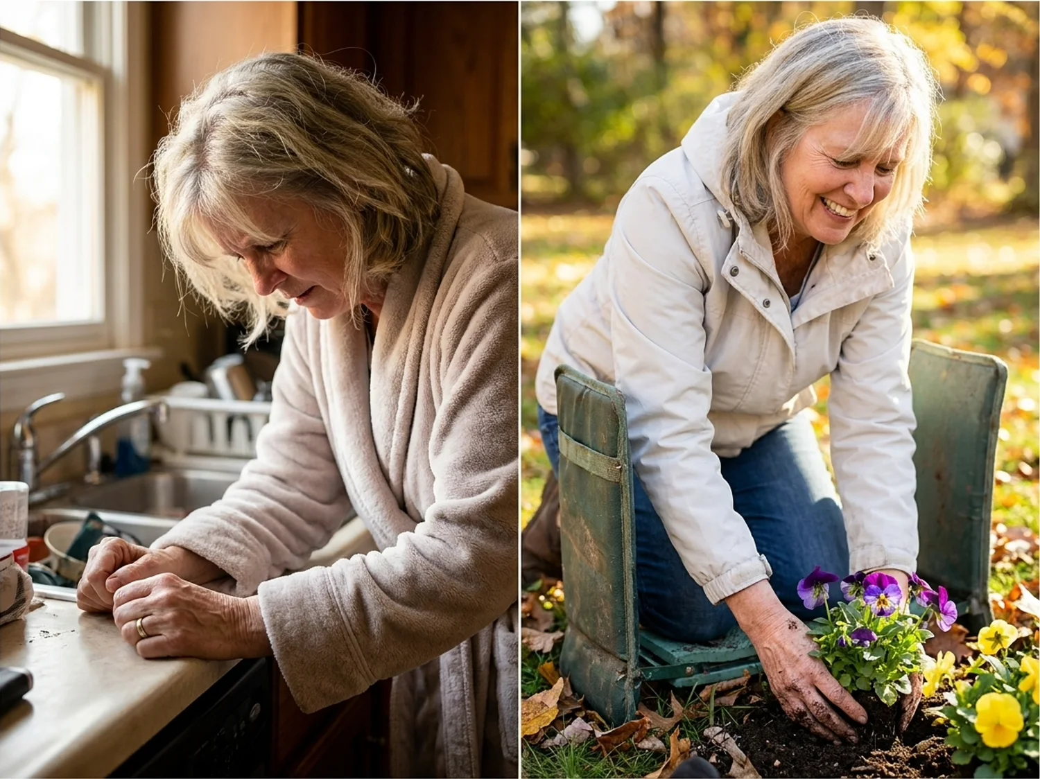 Split scene: a woman gripping her kitchen counter at dawn on one side, the same woman kneeling in her garden on the other
