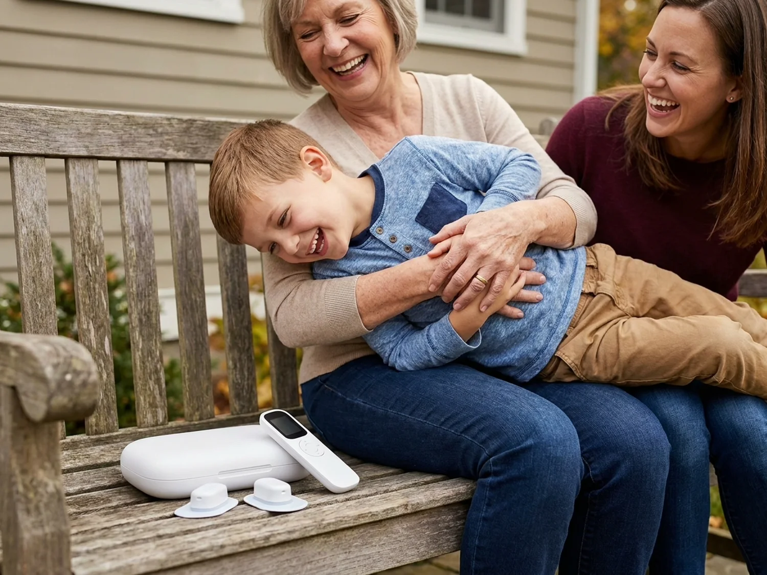 A grandmother lifting a small boy onto her lap on a garden bench, her daughter laughing beside them, the white case on the bench