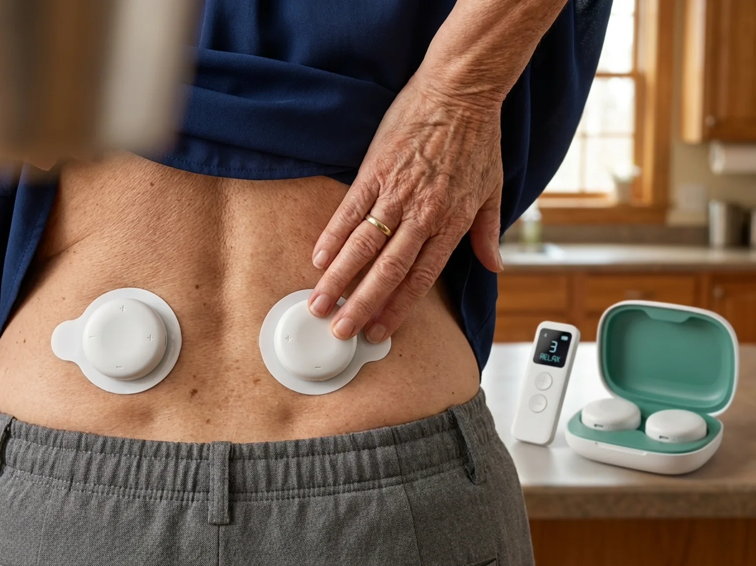 A woman's hand pressing a small white pod onto her lower back, a second pod already in place beside it